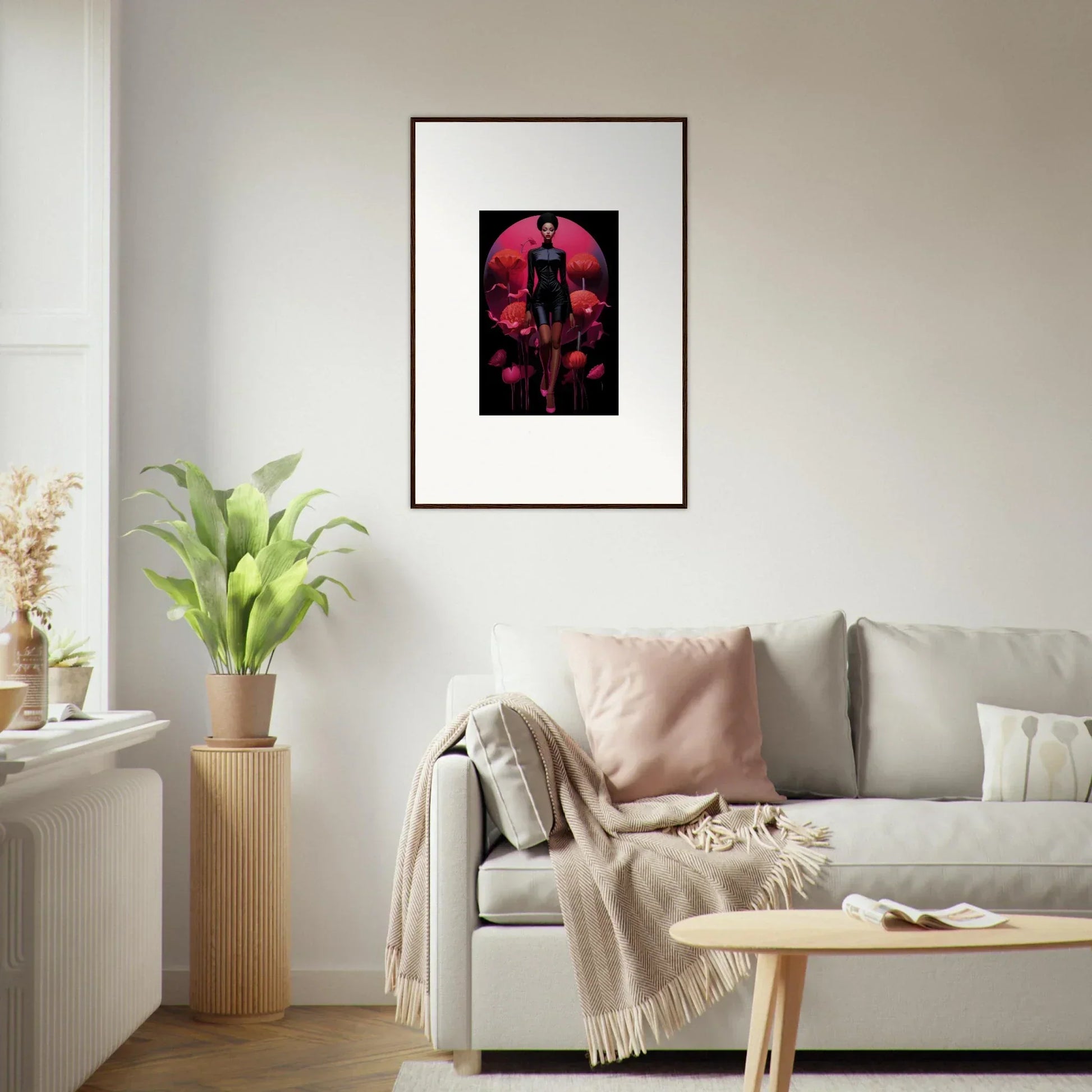 Framed canvas print of Etherial Tribal Reverie with dark figure on red backdrop