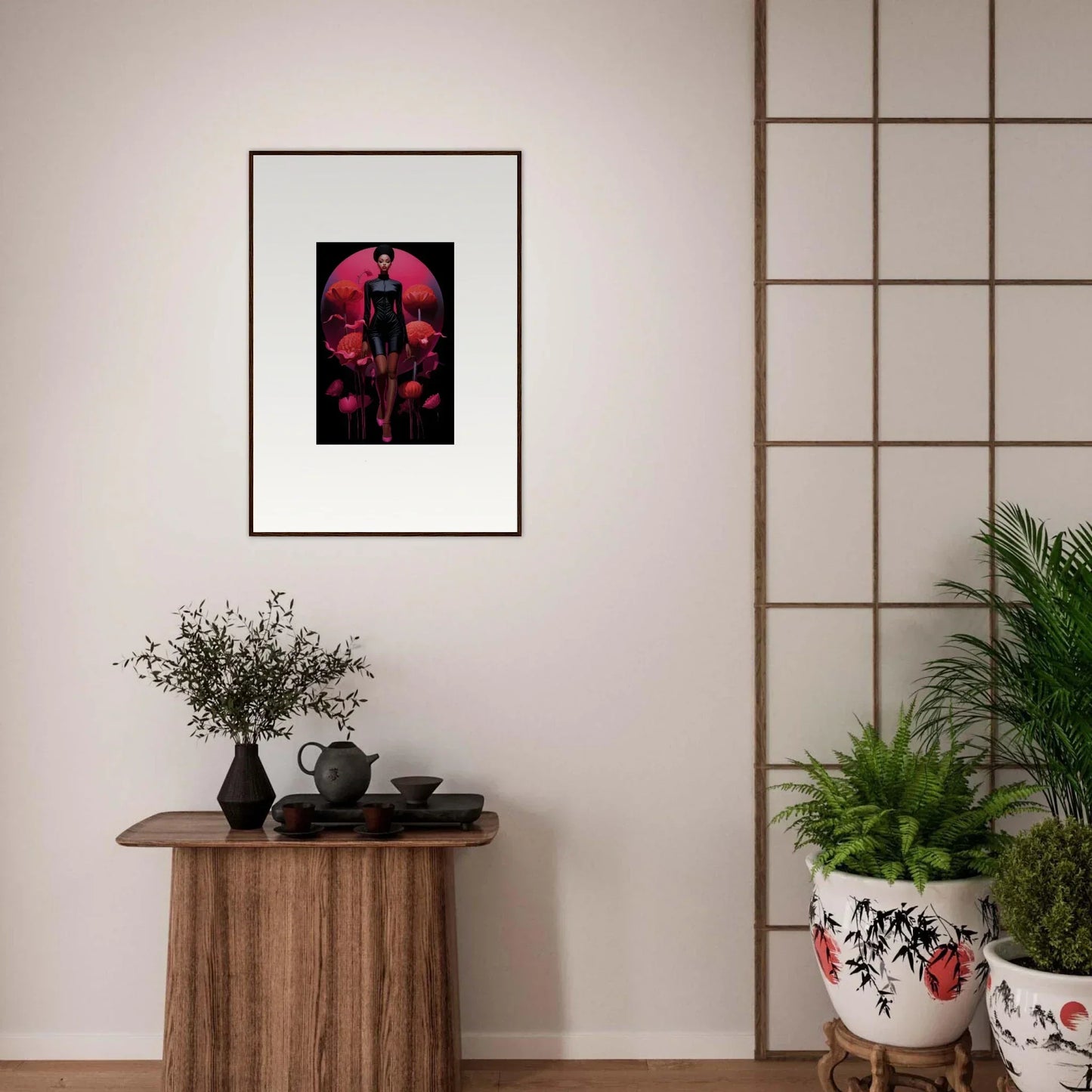 Framed canvas print featuring a dark silhouette on a red circle for tribal reverie room decoration