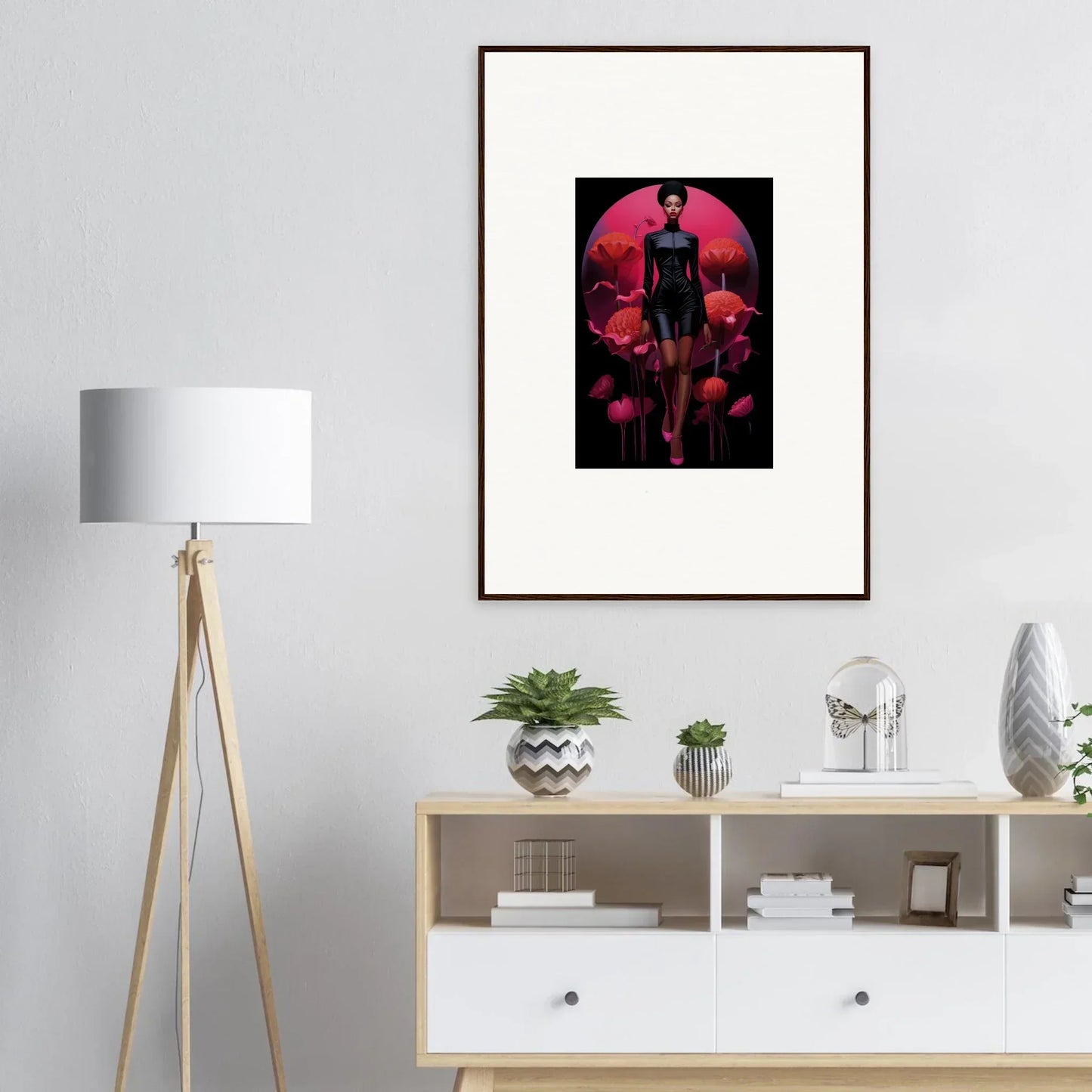 Framed canvas print of Tribal Reverie with dark silhouette and red skull design for room decoration