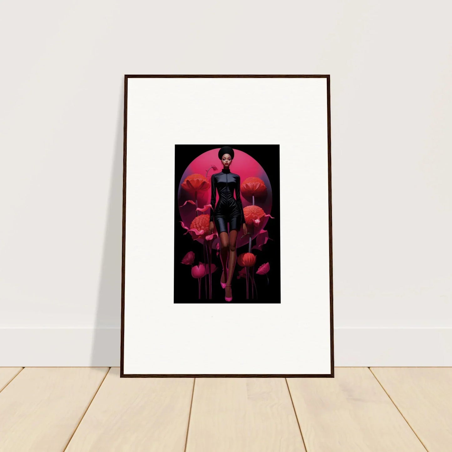 Framed canvas print of Ethereal Tribal Reverie with dark figure and red floral design