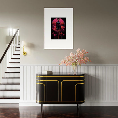 Framed canvas print of Tribal Reverie with a dark silhouette on a bold red background