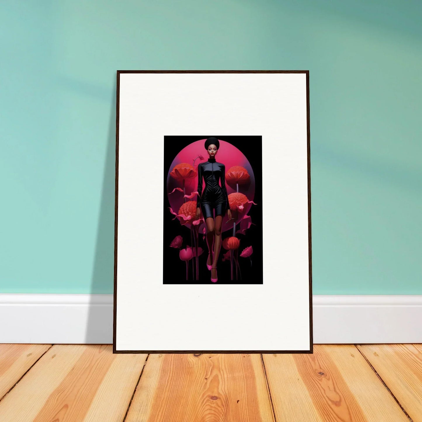 Framed canvas print of Tribal Reverie with a figure and red background for room decoration