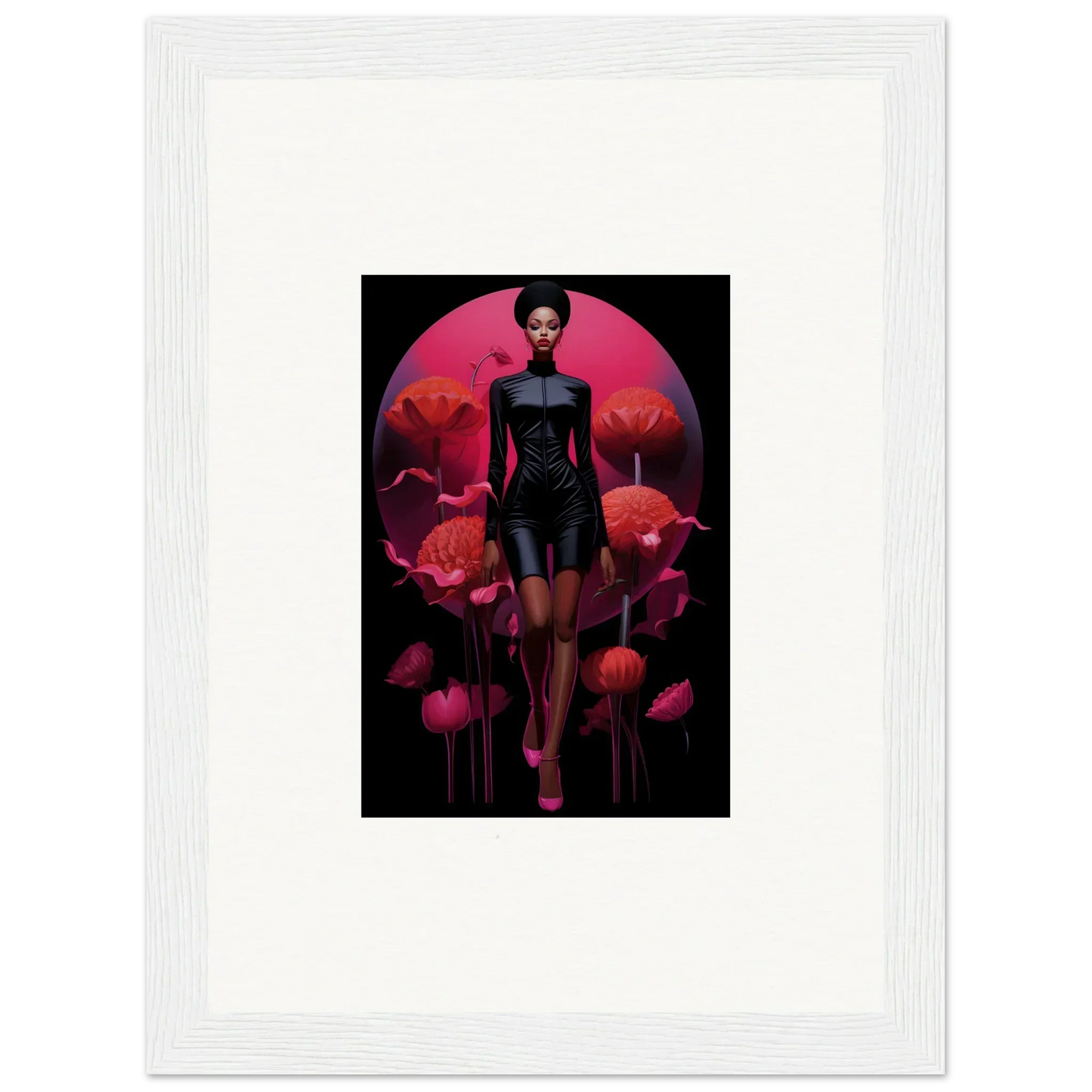 Framed Tribal Reverie canvas print of a figure among big red flowers for room decoration