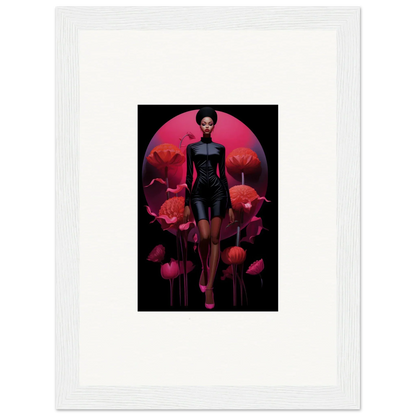 Framed Tribal Reverie canvas print of a figure among big red flowers for room decoration