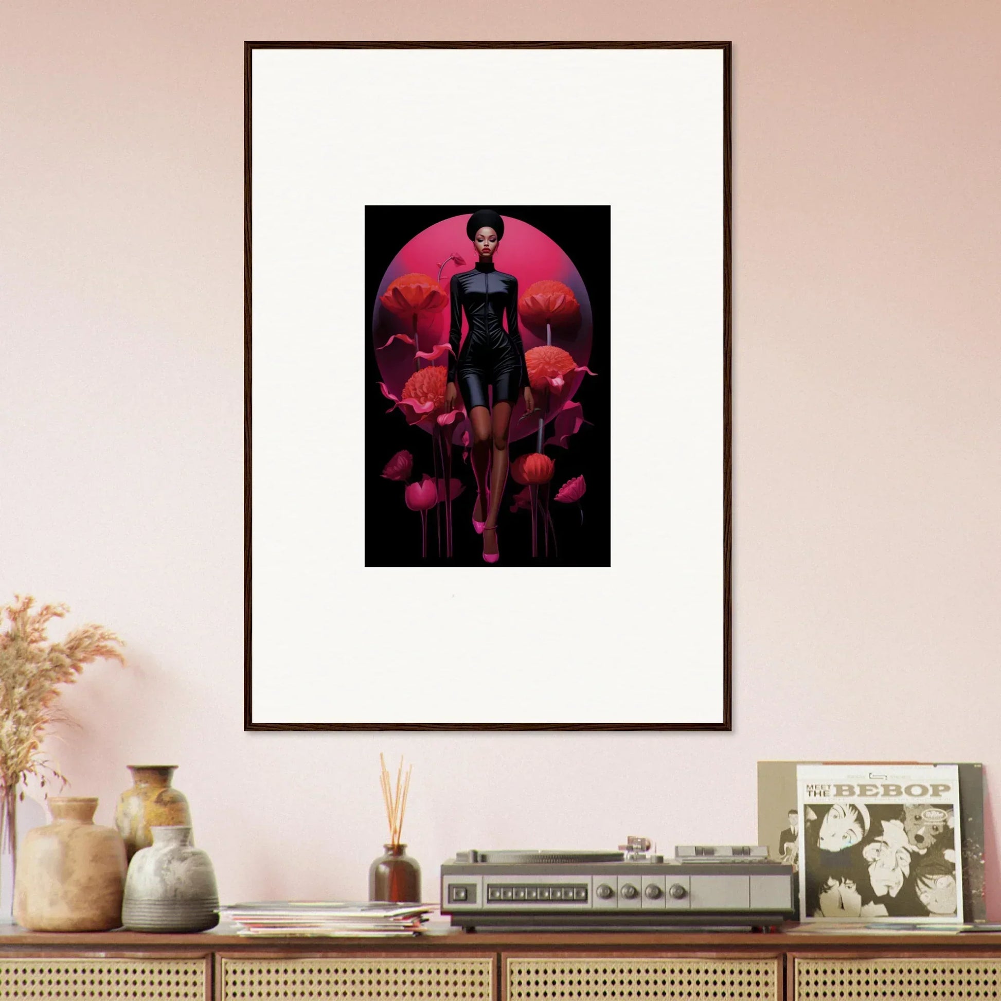 Framed canvas print of a tribal reverie silhouette with floral accents for room decoration