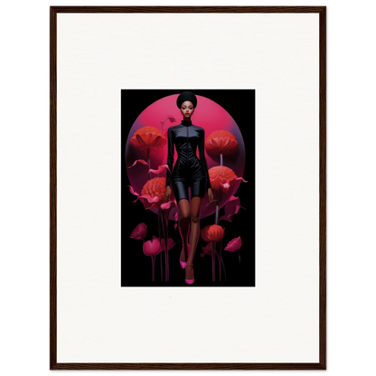 Stylized figure in black dress with red poppies, perfect for Tribal Reverie room decoration