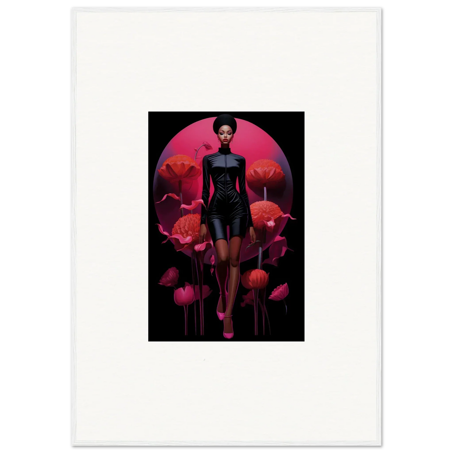 Stylized canvas print of a figure in a black dress, perfect for tribal reverie room decoration