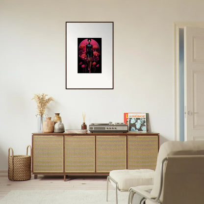 Framed canvas print of Etherial Tribal Reverie with a red figure and floating spheres