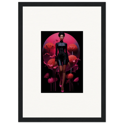 Framed canvas print of a stylized female figure with red mushrooms for tribal reverie room decoration