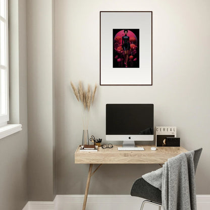 Minimalist home office with wooden desk, computer, and Tribal Reverie canvas print decor