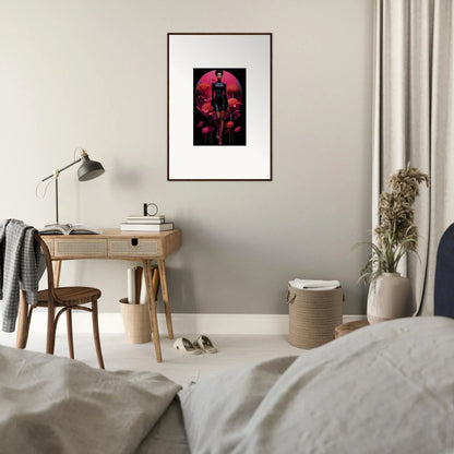 Framed canvas print of Tribal Reverie with a silhouetted figure on a red background