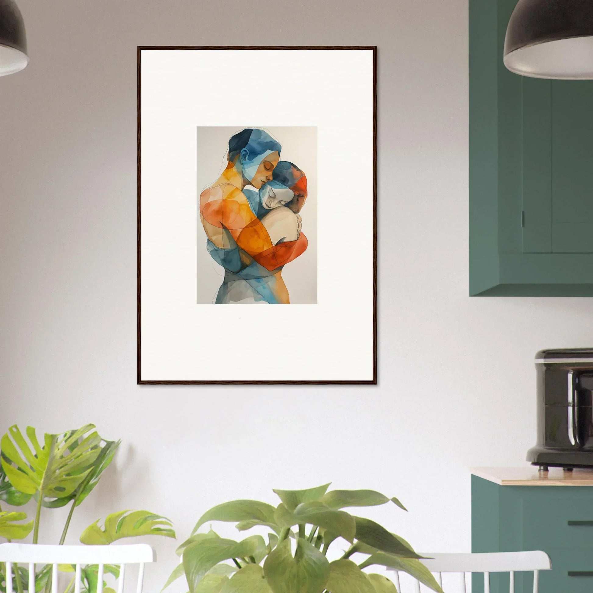 Framed watercolor painting of embracing figures, perfect for embrace cosmos room decoration