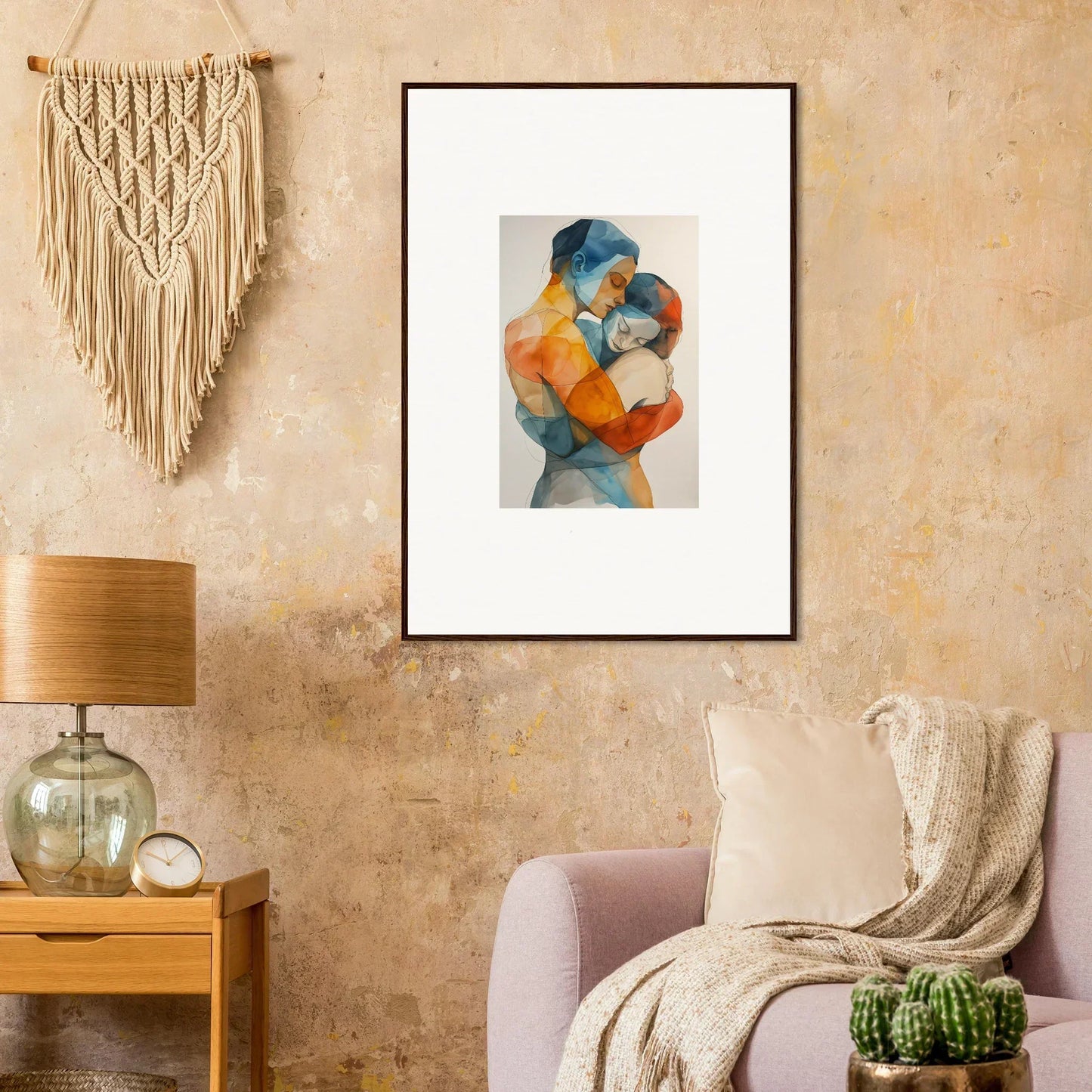 Framed watercolor of two embracing figures, perfect for embrace cosmos room decoration