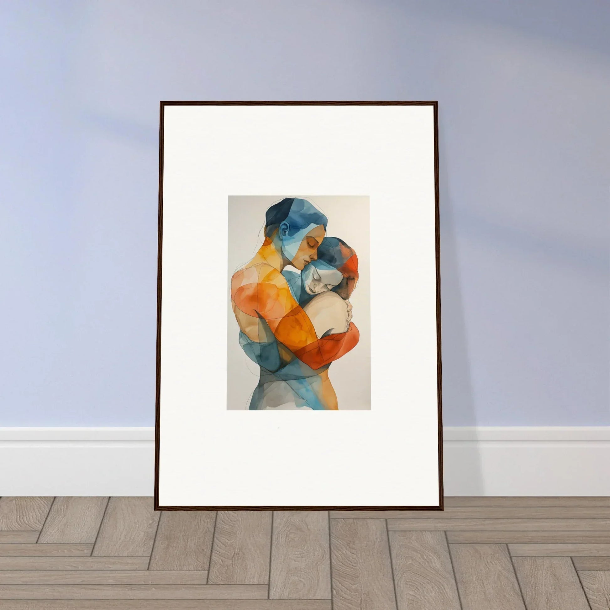 Framed watercolor canvas print of two embracing figures for room decoration, Etheric Embrace Cosmos