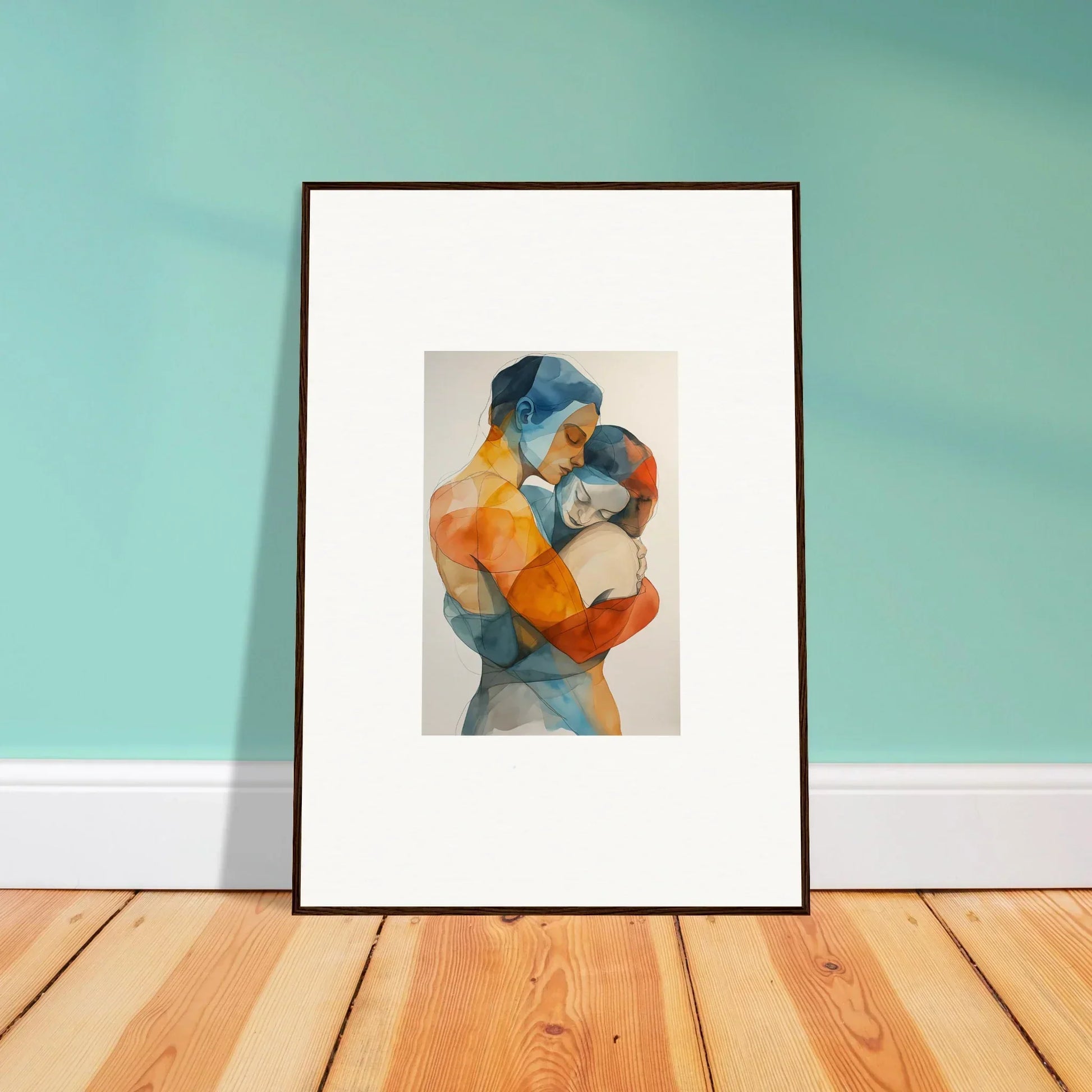 Colorful canvas print of embracing figures for a unique room decoration, embrace cosmos vibe