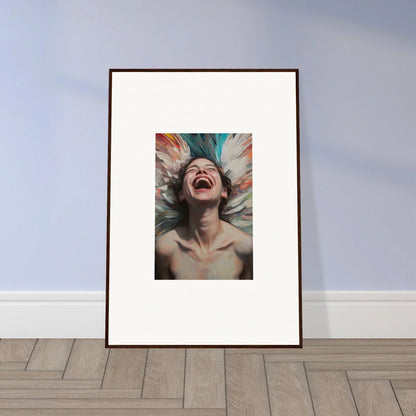 Framed canvas print of a person laughing with colorful hair for vibrant room decoration