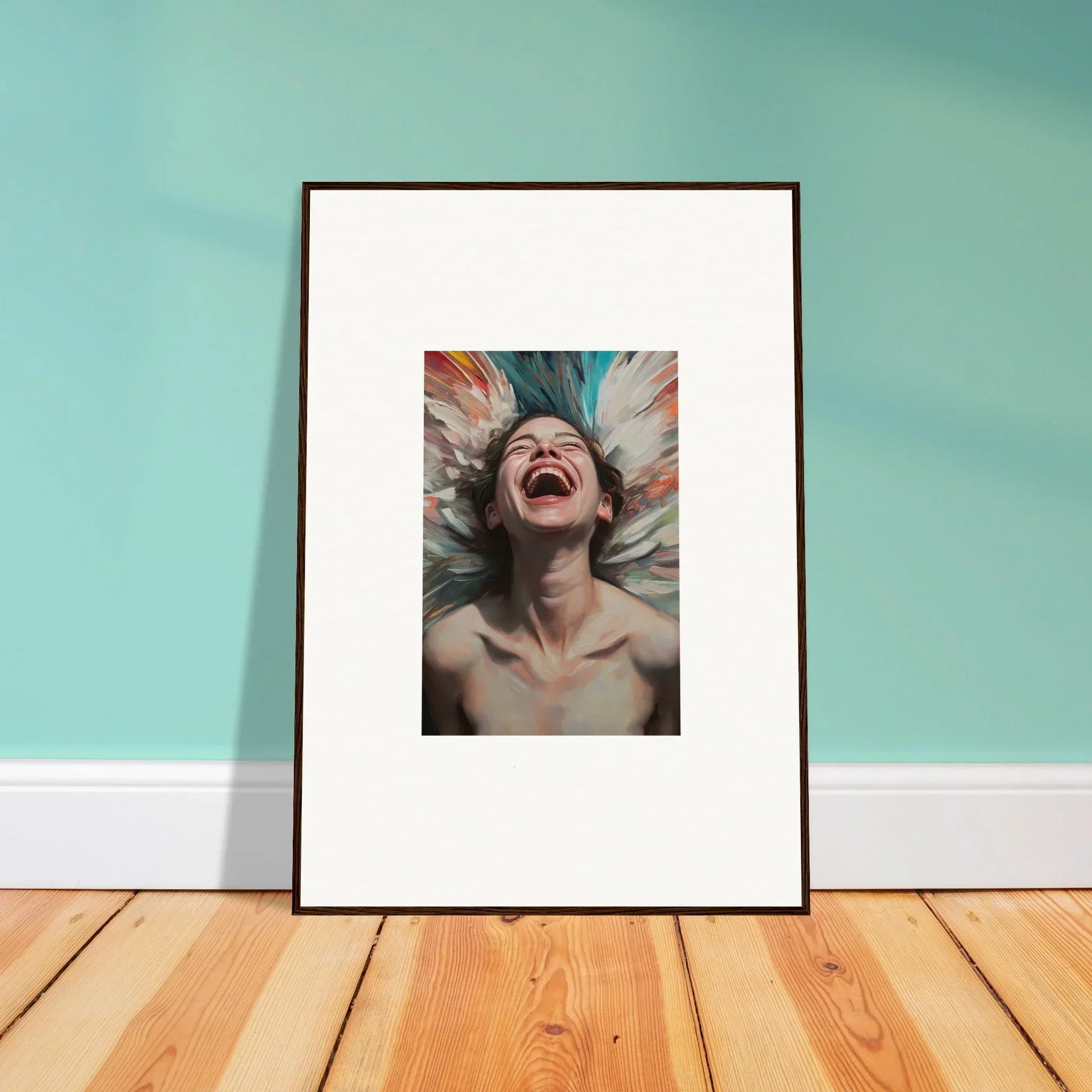 Framed canvas print of a person laughing with colorful hair for vibrant room decoration