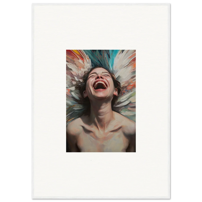 Joyful person laughing surrounded by colorful brushstrokes in Euphoria Aura Bloom canvas print