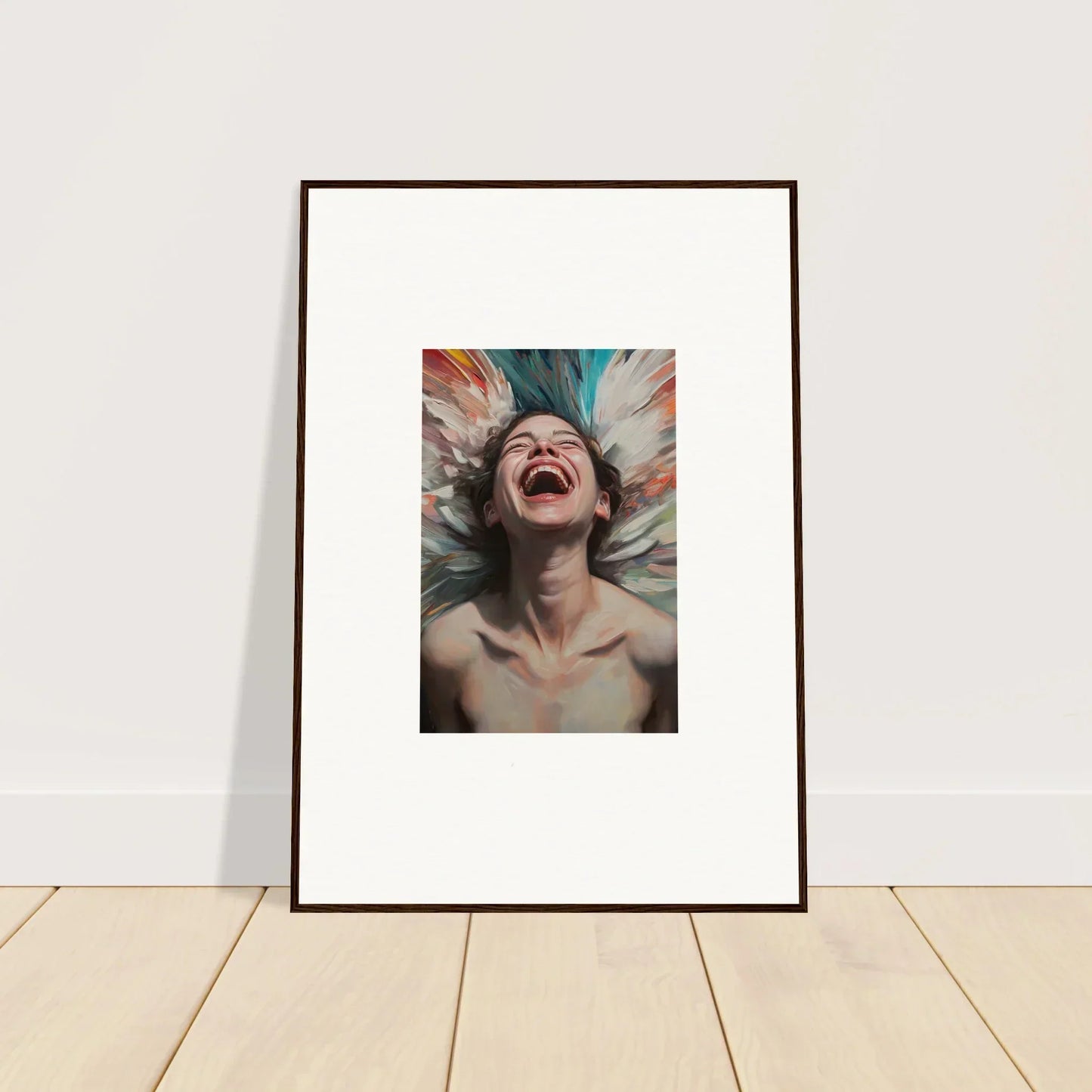 Colorful canvas print of a person laughing, perfect for cheerful room decoration