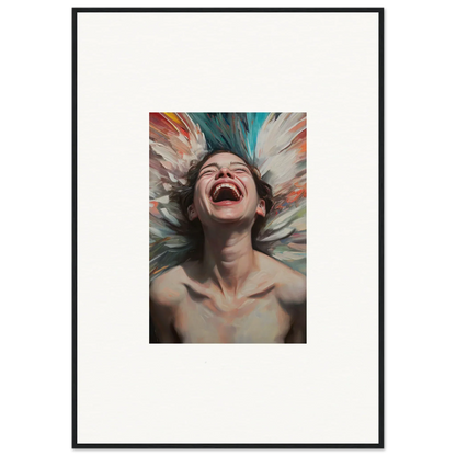 Framed canvas print of a laughing person with vibrant aura bloom background for room decoration