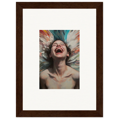 Joyful person laughing in colorful brushstrokes for a vibrant Aura Bloom canvas print