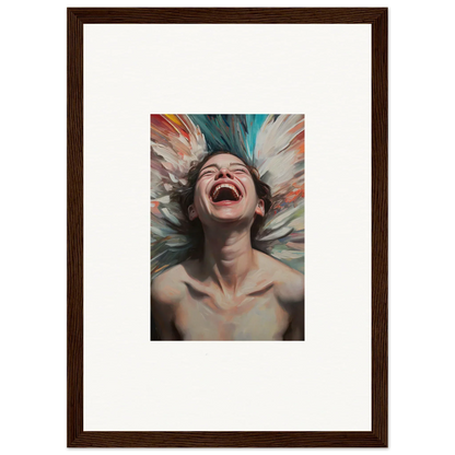 Joyful person laughing in a framed portrait for vibrant aura bloom room decoration