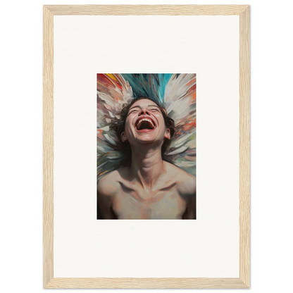 Joyful person laughing in a framed canvas print for vibrant aura bloom room decoration