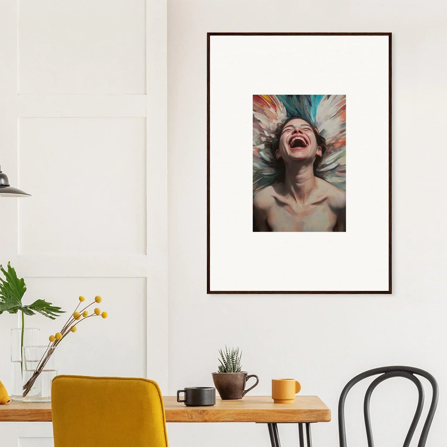 Vibrant canvas print of a person laughing with colorful hair for joyful room decoration