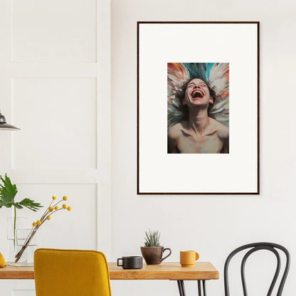 Vibrant canvas print of a person laughing with colorful hair for joyful room decoration