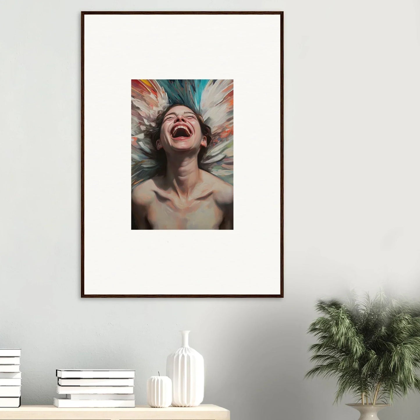 Framed canvas print of a person laughing with vibrant colors for aura bloom room decoration