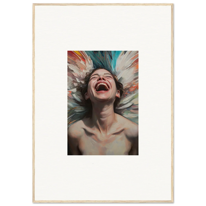 Exuberant person laughing joyfully in a vibrant Aura Bloom canvas print for room decoration