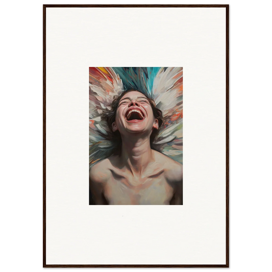 Framed canvas print of a laughing person with vibrant aura bloom background for room decoration