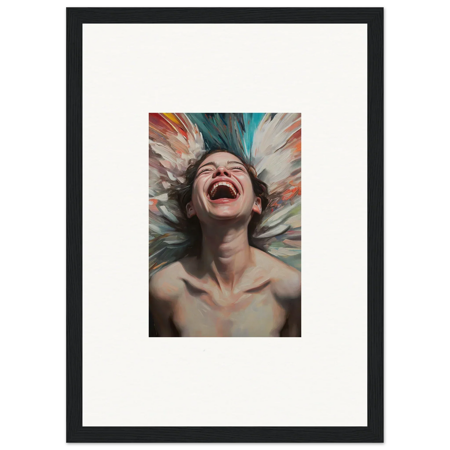 Joyful person laughing in a framed canvas print for vibrant room decoration and aura bloom