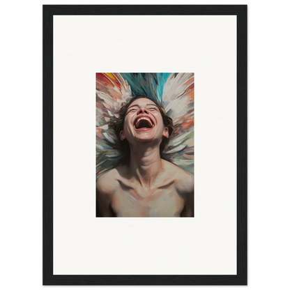 Joyful person laughing in a framed canvas print for vibrant room decoration and aura bloom