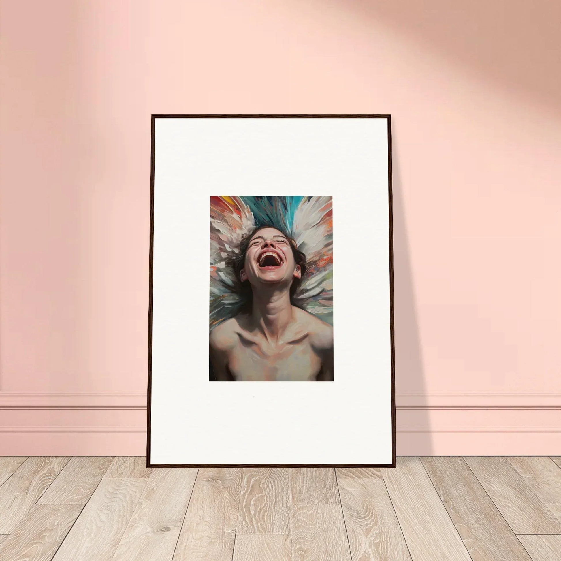 Framed canvas print of a person with colorful hair laughing, perfect for any room decoration