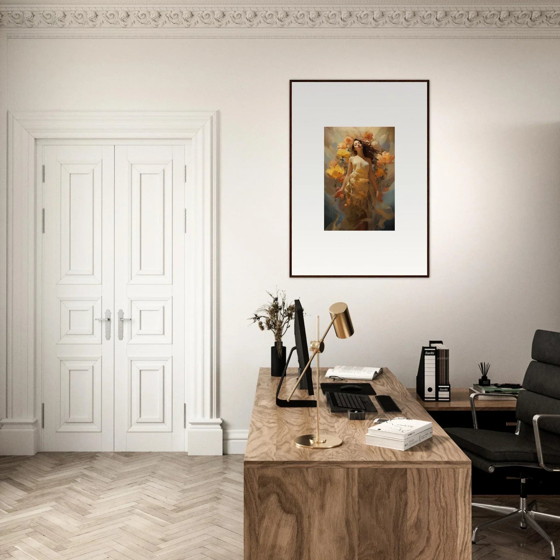 Elegant home office with wooden desk, blossom odyssey canvas print and stylish room decoration