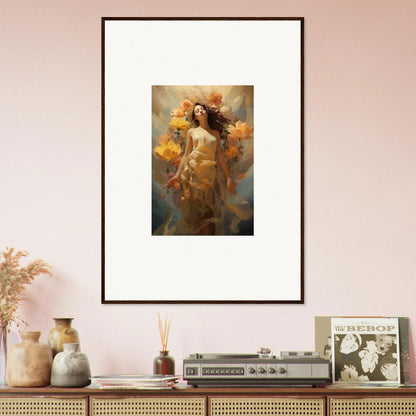 Framed canvas print of a woman with golden flowers for your blossom odyssey room decoration