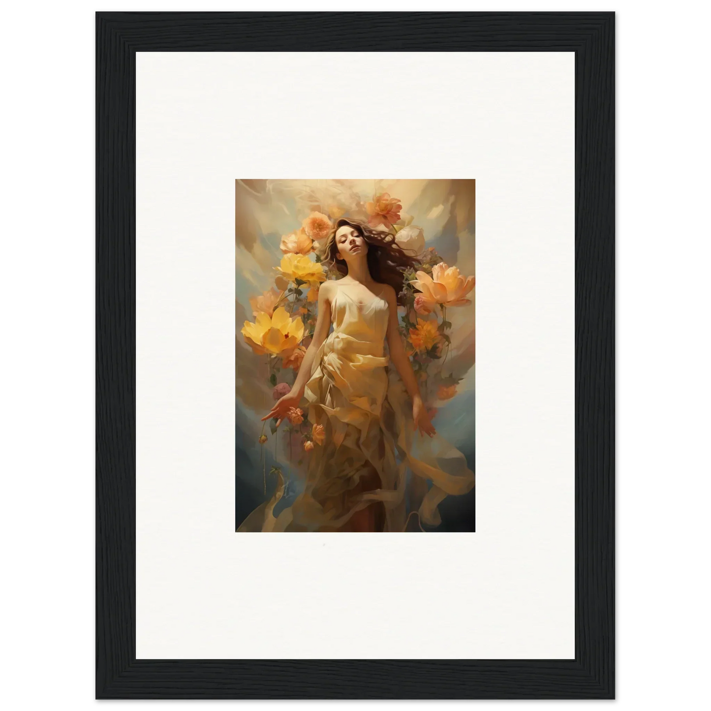 Framed canvas print of a woman with vibrant orange flowers for a blossom odyssey vibe