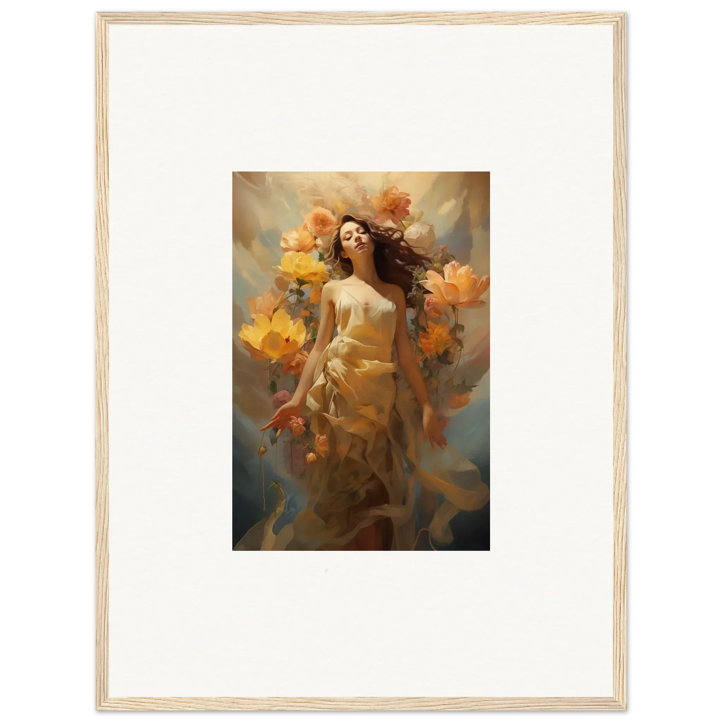 Framed canvas print of a woman with autumn leaves, perfect for a blossom odyssey room decoration