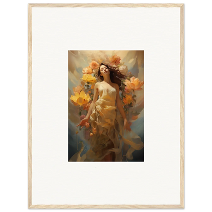 Framed canvas print of a woman with autumn leaves, perfect for a blossom odyssey room decoration