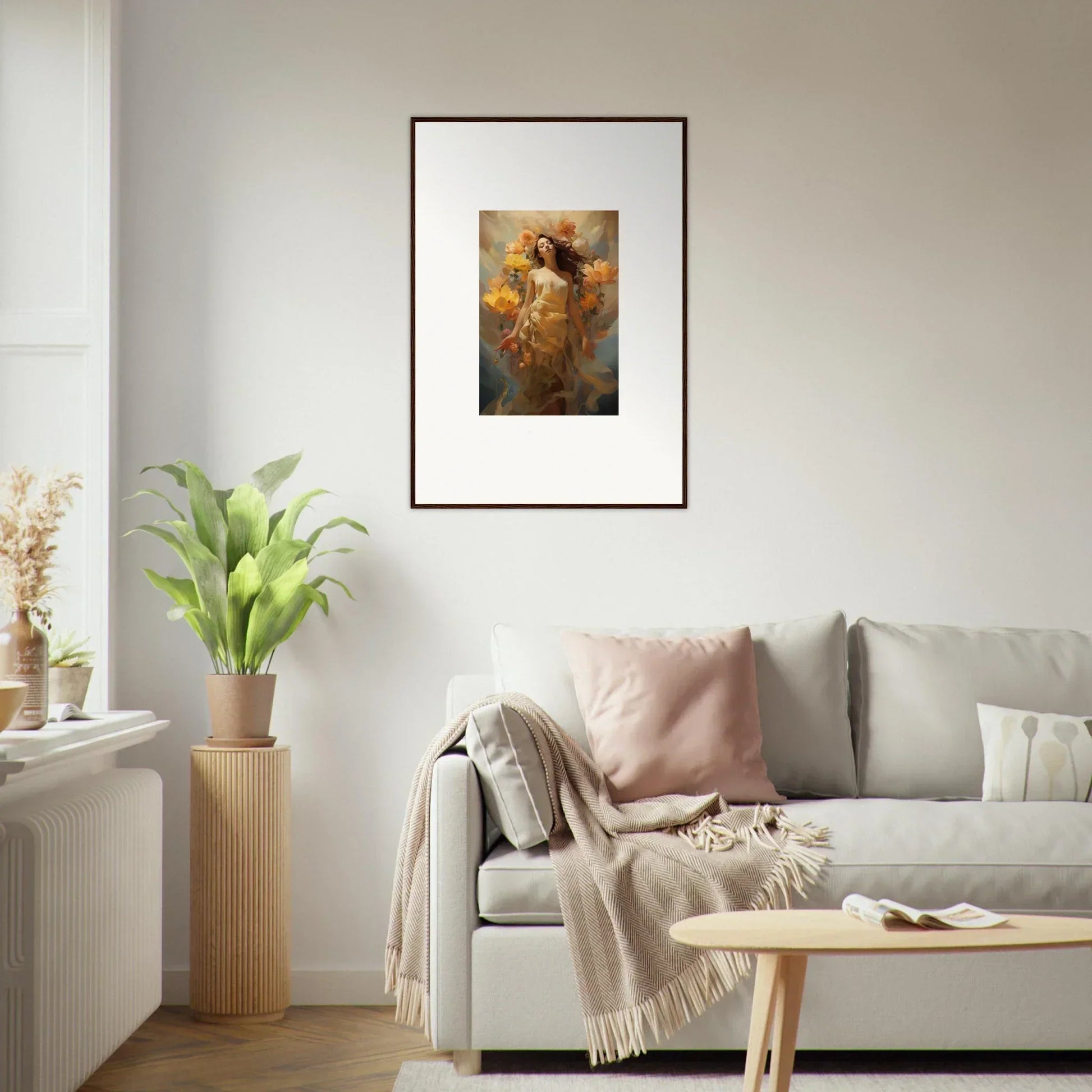 Framed canvas print of a woman in warm tones, perfect for Blossom Odyssey room decoration