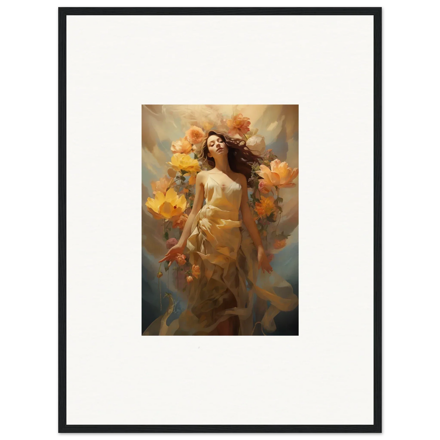 Framed canvas print of a woman in a dress amid autumn leaves for room decoration