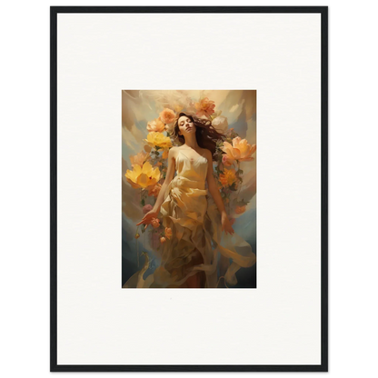 Framed canvas print of a woman in a dress amid autumn leaves for room decoration