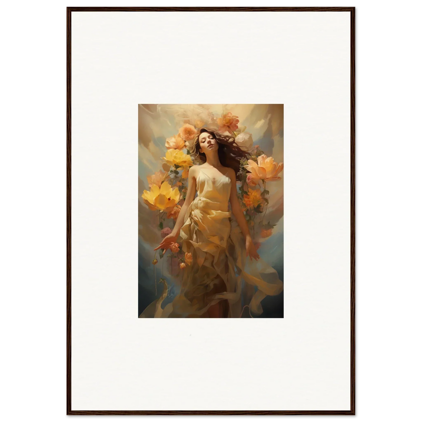 Framed canvas print of a woman in swirling golden elements for room decoration