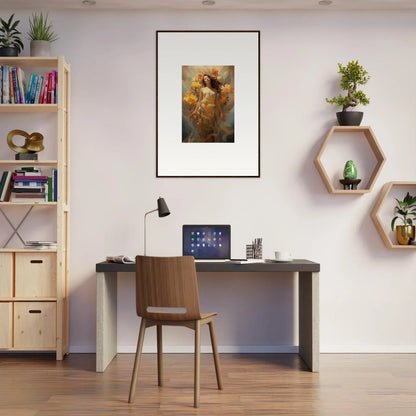 Cozy home office workspace with blossom odyssey canvas print and stylish decor