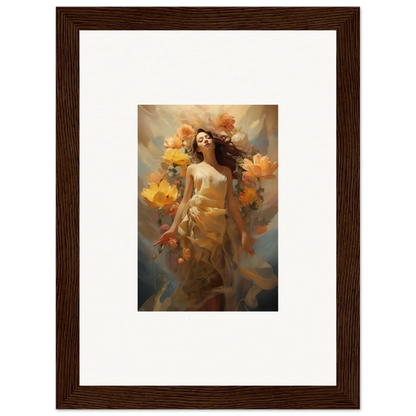 Framed canvas print of a woman in autumn flowers for your Blossom Odyssey room decoration