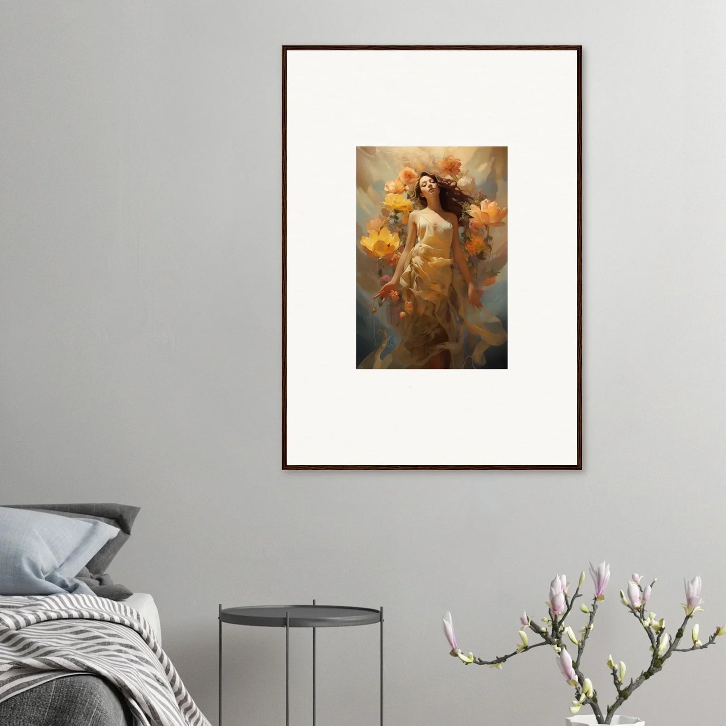 Framed canvas print of an ethereal figure in golden light for a Blossom Odyssey room decoration