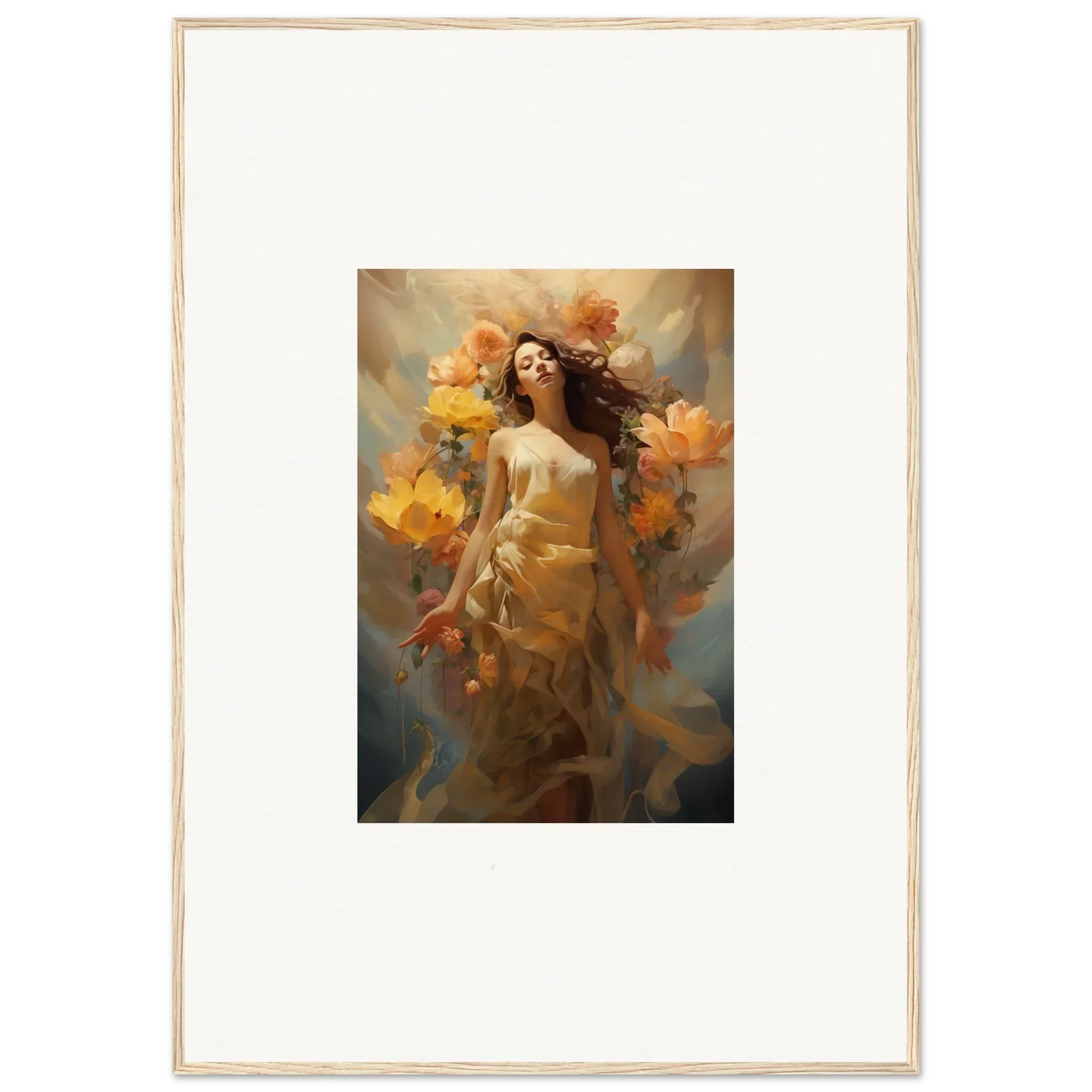 Colorful canvas print of a woman in autumn leaves for your Blossom Odyssey room decoration