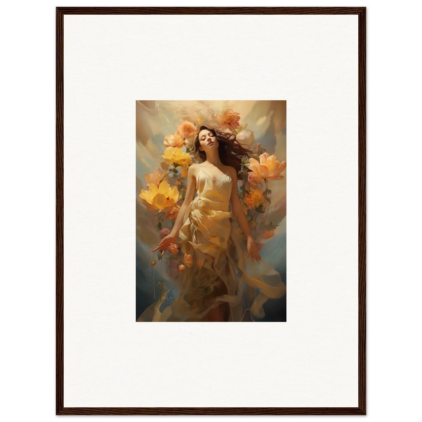 Framed canvas print of a woman amidst autumn leaves for your Blossom Odyssey room decoration