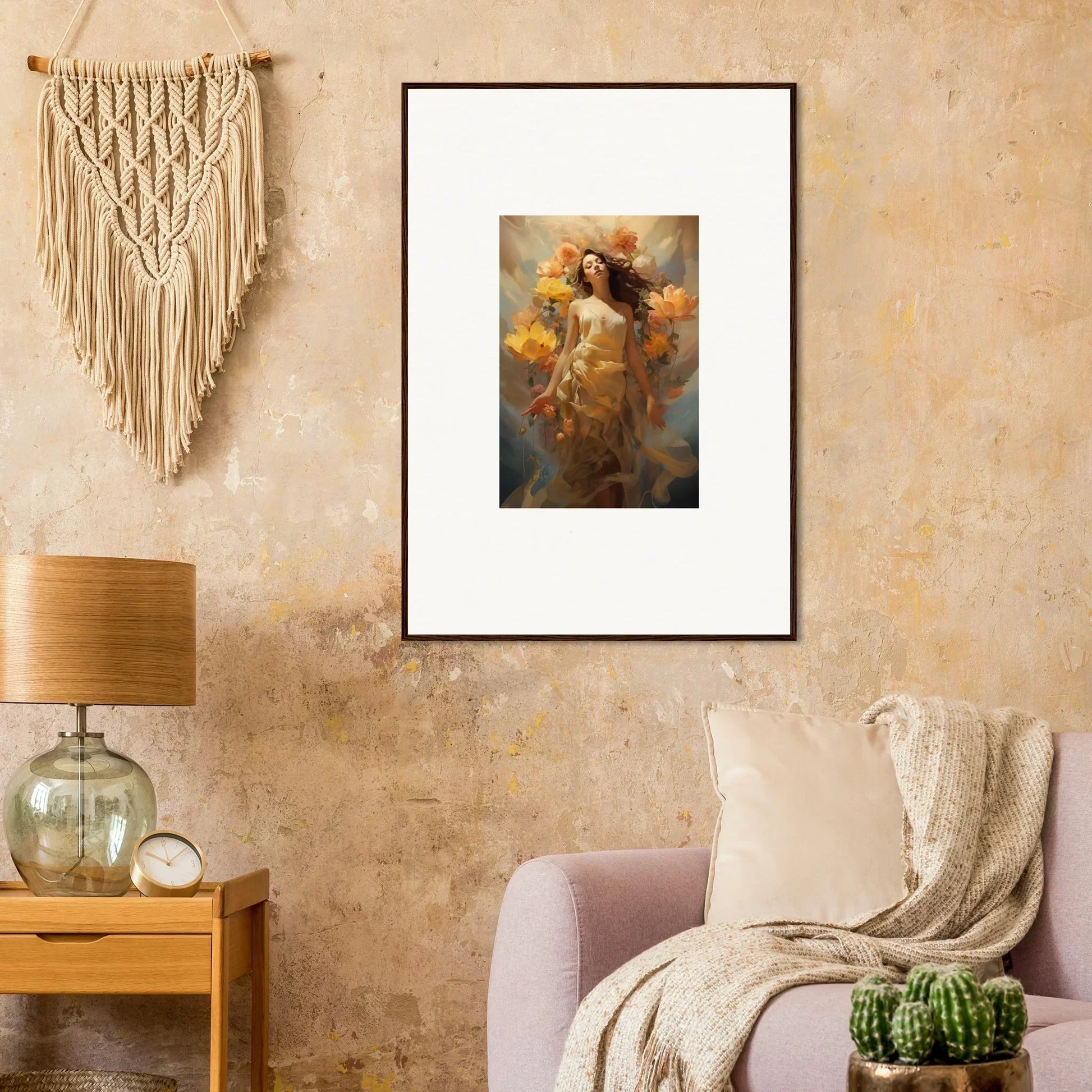 Framed canvas print of a figure in warm tones for a dreamy Blossom Odyssey room decoration